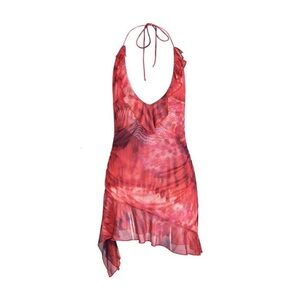 Red Pink Tie-Dye Halter Ruffle Mini Dress